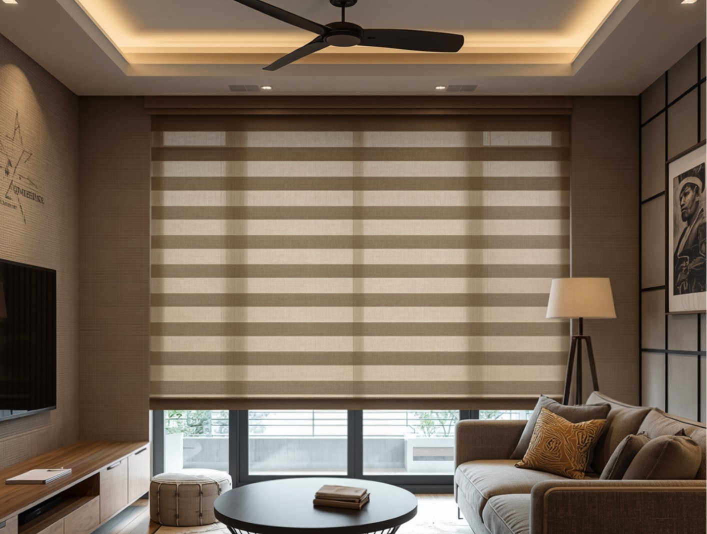 A Combi zebra blind with alternating sheer and solid bands fitted in a Singapore home