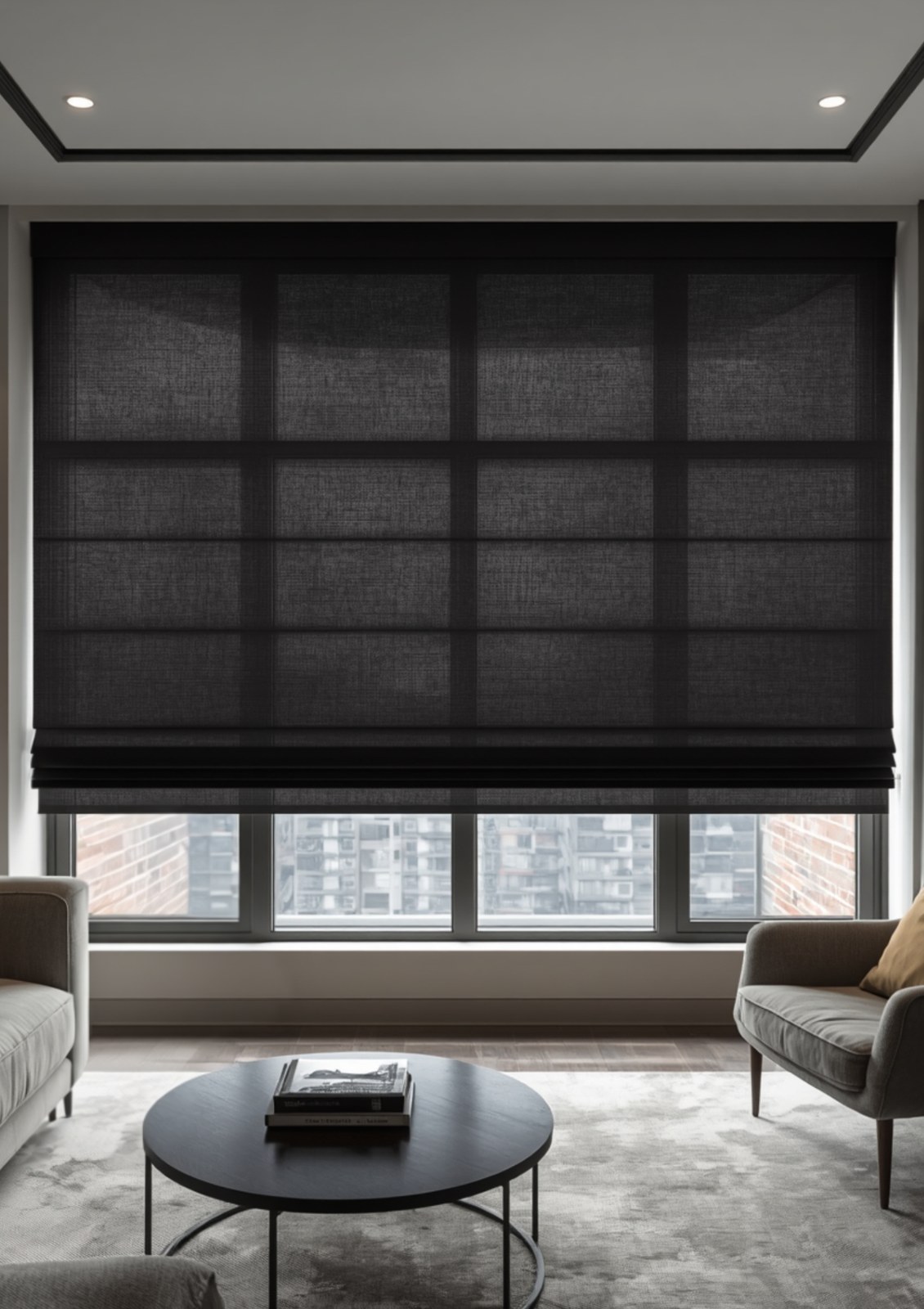 A made-to-measure Roman blind dressing a window in a Singapore home, fabric gathered into smooth horizontal folds