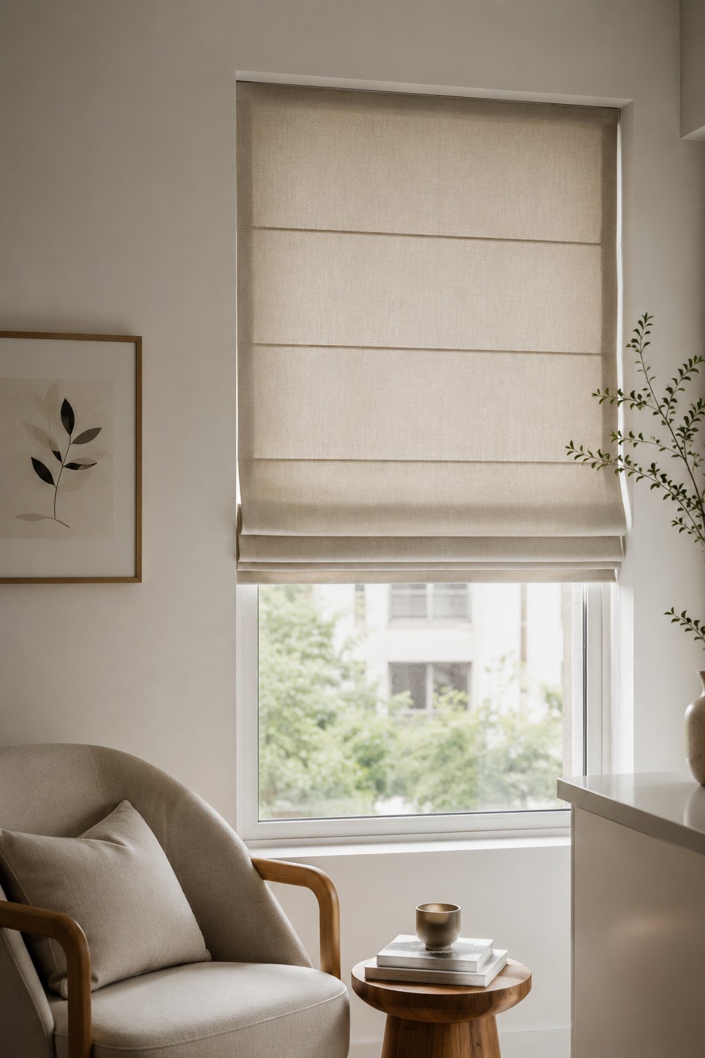 A finished Roman blind fitted and lowered flat across a bright living-room window