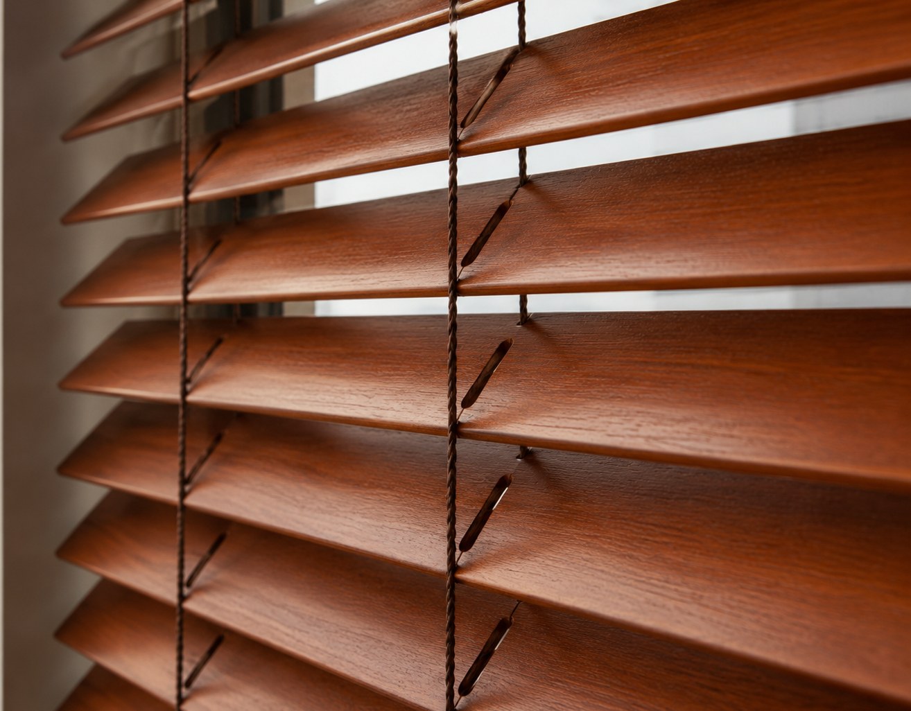 Close-up of Venetian blind slats tilted to angle the daylight