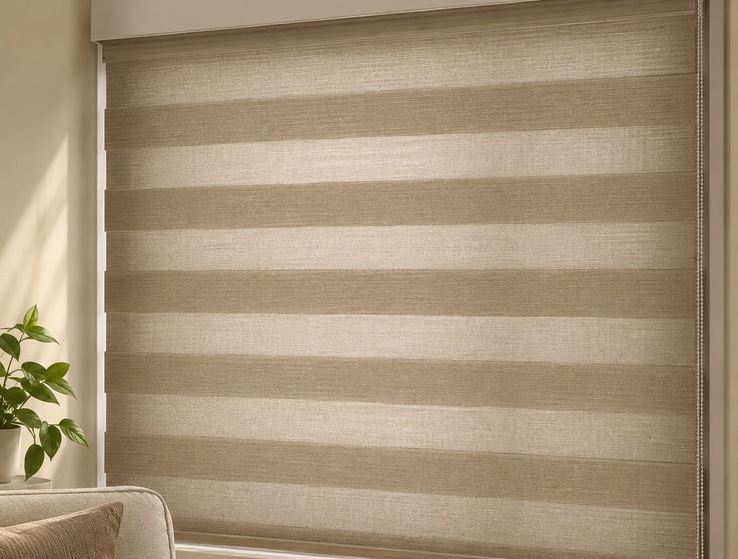 Combi zebra blind with its bands offset for privacy across a large living-room window